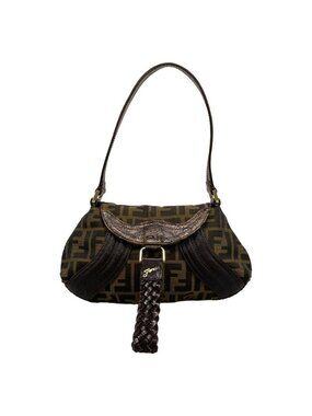 Fendi Handbag Zucca Pattern Beige Dark Brown Black Leather